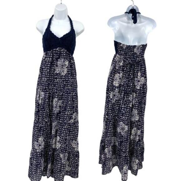Lucky Brand John Robshaw Maxi Dress Crochet Halter Floral Size Small Blue Boho - Picture 3 of 9